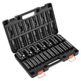 Impact Socket Set, 1/2" 19 Piece Impact Sockets, Deep Socket, 6-Point Sockets, 1/2" Drive Set 3/8" to 1-1/2", Cr-V Rugged Construction