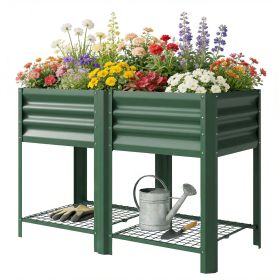 Raised Garden Bed Galvanized Steel, Elevated Planter Box with Storage Shelf, Bed Liner, 31.5" High, Green