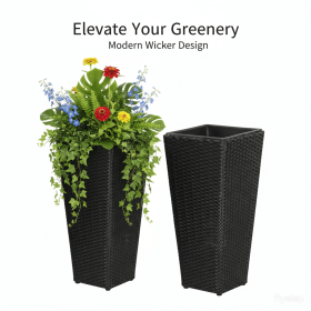 Set of 2 Rattan Planters with Removable Inner Pots, Metal Frame Adjustable Foot Pads for Garde