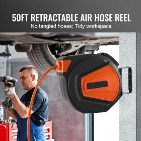 Retractable Air Hose Reel, 3/8 IN x 50 FT Hybrid Air Hose Max 300PSI, Air Compressor Hose Reel with 5 In Lead in