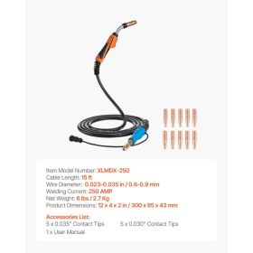 250A MIG Welding Gun With 15FT Cable, Replacement For Miller MDX-250 - With 11PCS Mig Welding Contact Tips (Option: Black)