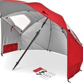 50+ Umbrella Shelter with Patented Side Panels and Tilt Mechanism, Heavy-Duty 1.25 Inch Center Pole, Auger Anchor for Sand and Grass (Style: Red   REG)