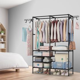 Garment Rack Heavy Duty Metal Shoe Clothing Organizer Shelves Freestanding Multifunctional Clothes Wardrobe (Color: Black)